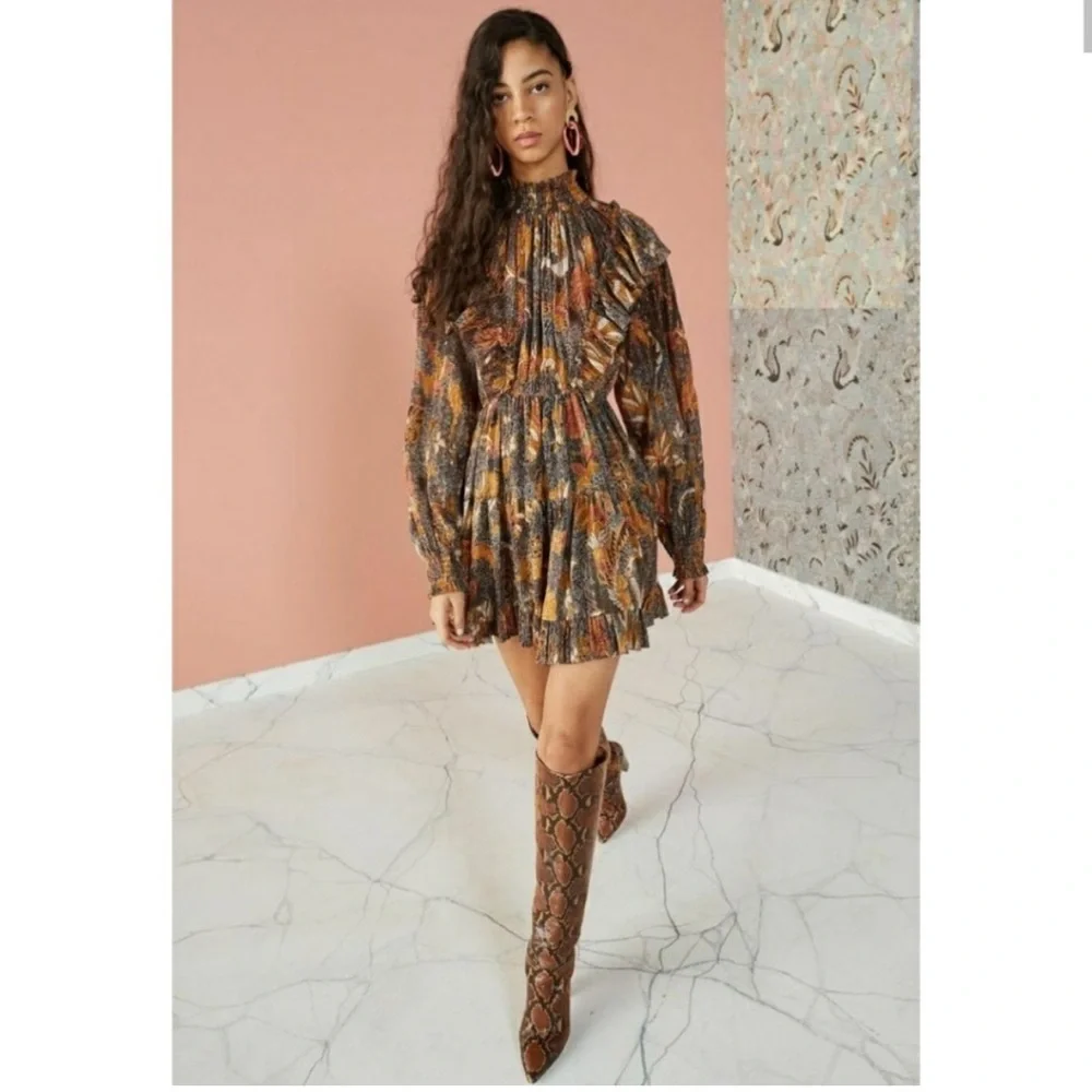 Ulla Johnson Vienne Bird of Paradise Mini Dress in Amber Size 2 Ruffle High Neck